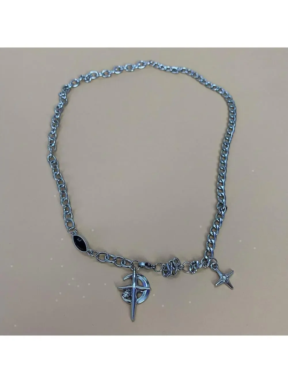 Y2k cyber 2000s style punk grunge crystal cross and opal pendant necklace chain.